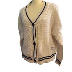Taylor Swift Folklore  Cable Knit Cardigan Cream Black Trim Star Elbow Patches